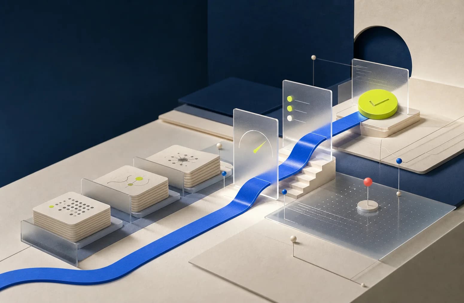 Editorial illustration of an AI memory system moving through evaluation checkpoints